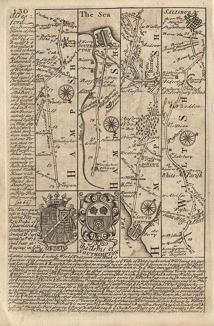 Hampshire, route map with Southampton, Rumsey & Salisbury, Owen / Bowen, 1764