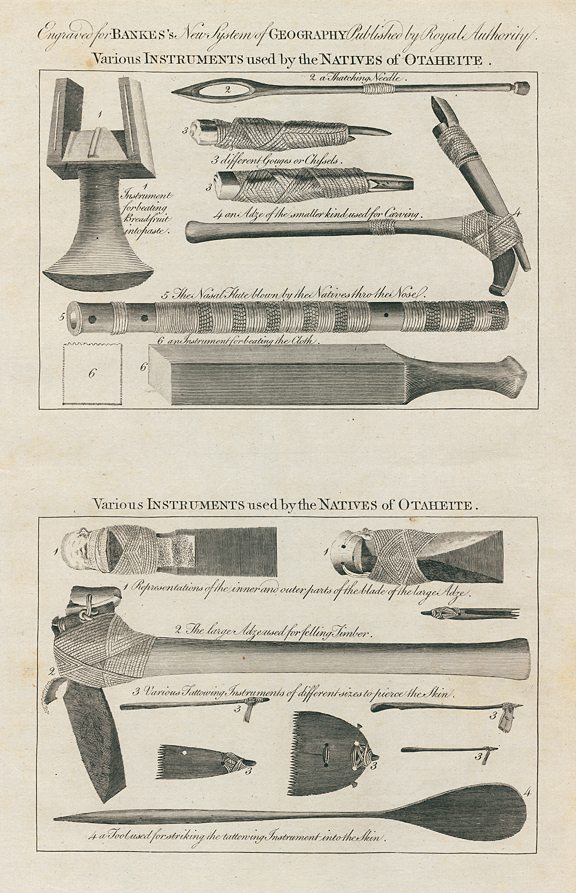Tahiti, Native tools and flute, 1788