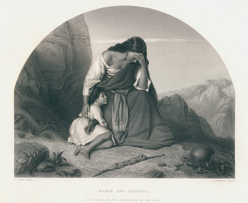 Hagar and Ishmael, engraving after J.Clark, 1863