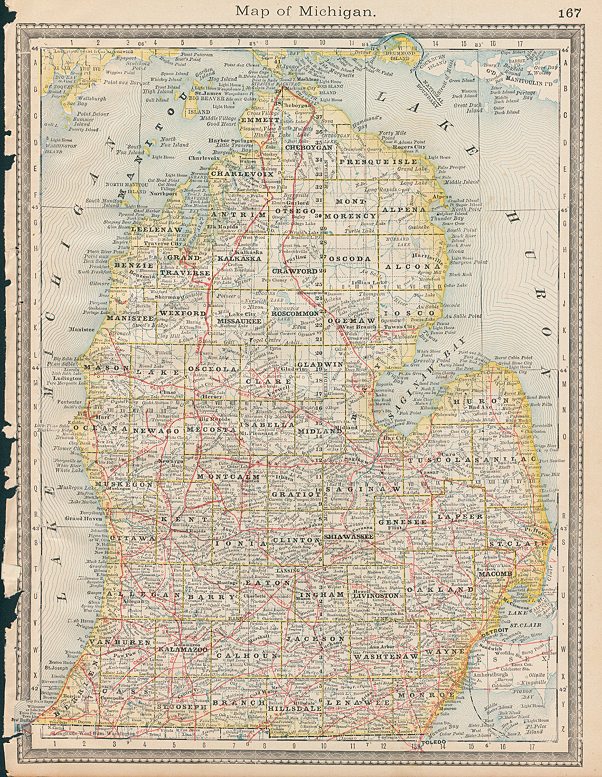 USA, Michigan map, Hardesty, 1883