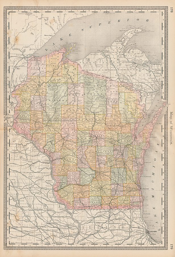 USA, Wisconsin map, Hardesty, 1883