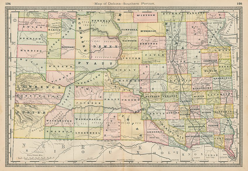 USA, Dakota map (southern portion), Hardesty, 1883