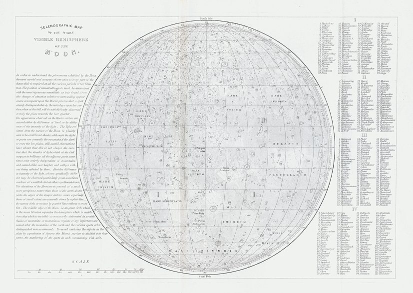 Moon, visible hemisphere map, 1855