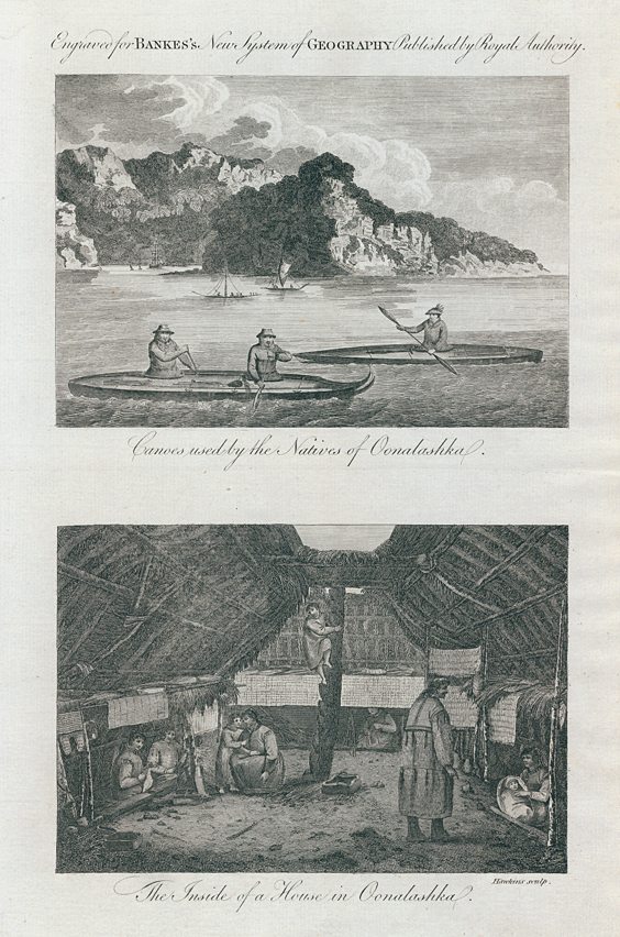 Alaska, canoes & house interior, 1788