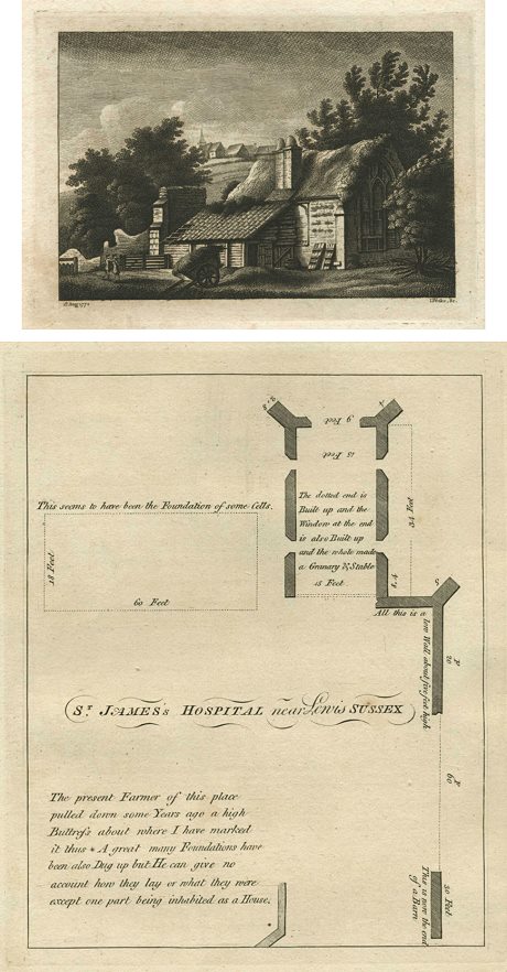 Sussex, Lewes, Saint James's Hospital, view and plan, 1786