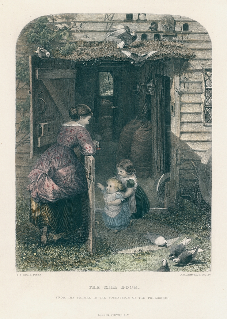 The Mill Door, Miller's wife with with children & doves, after Lewis, 1869