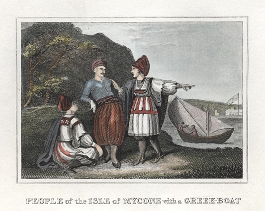 Greece, People of Mycone (Mykonos) and a Greek boat, 1841