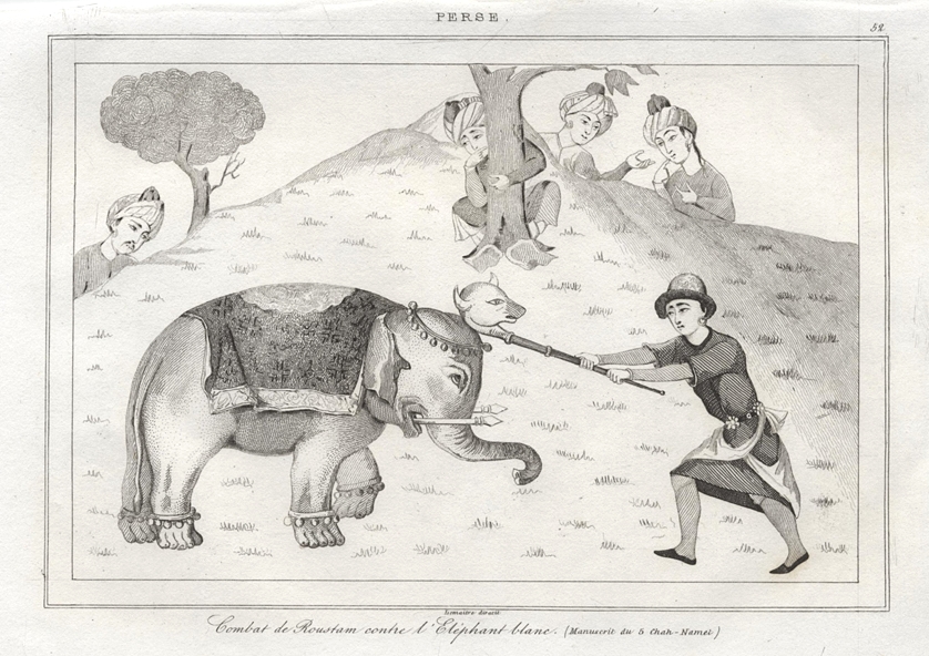 Iran, Persian epic hero Rostam fighting elephant, 1841