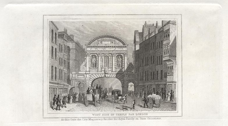 London, West side of Temple Bar, 1845