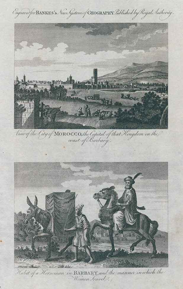 Morocco, Rabat view and horseman in Barbary, 1788