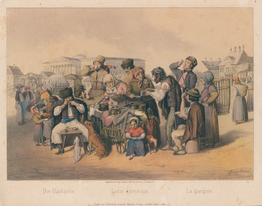 Hungary, Budapest, market scene with food seller, 1855