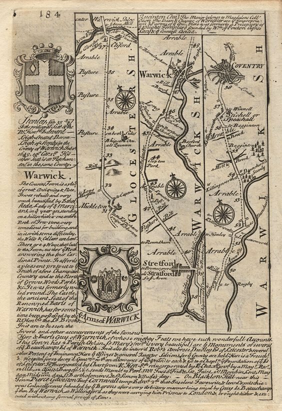 Warcs, route map with Warwick, Stratford and Coventry, Owen / Bowen, 1736