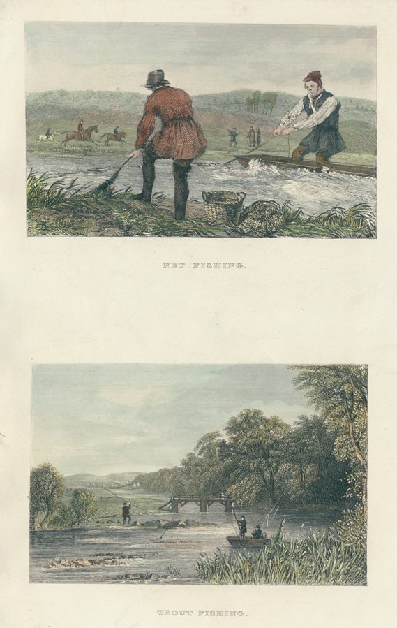 Trout & Net Fishing, two prints, 1860