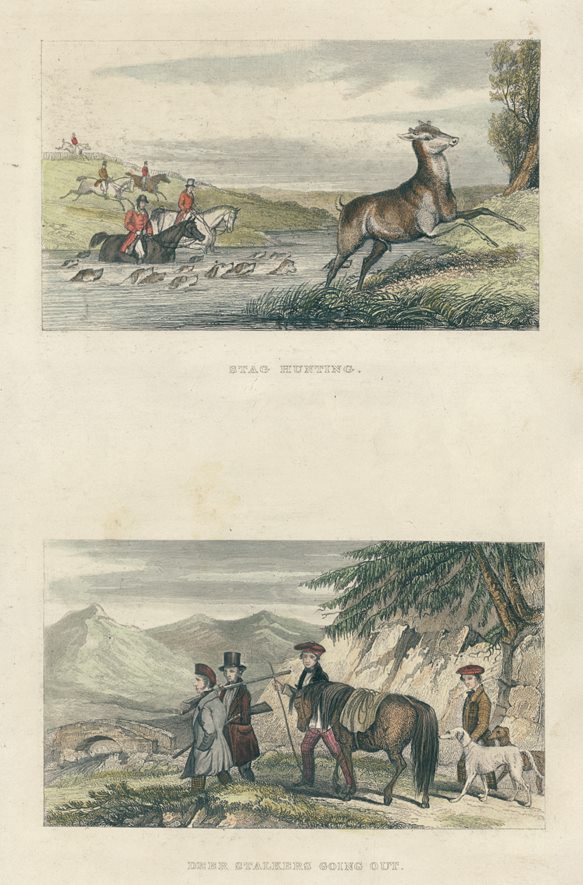 Stag Hunting & Deer Stalking, two prints, 1860