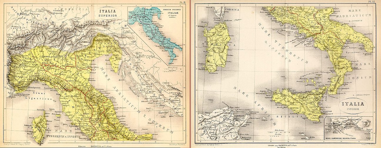 Italy (Roman) on 2 maps, 1877