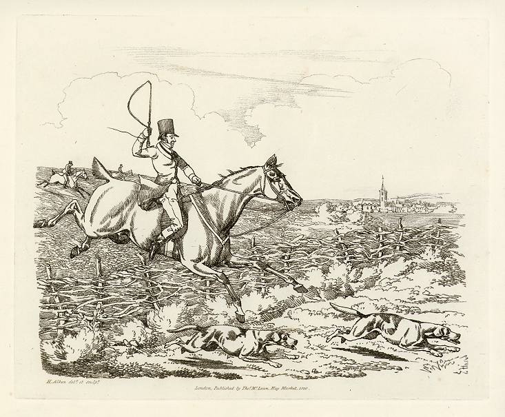 Huntsman & dogs leaping hurdle, Alkens Scrapbook, 1821