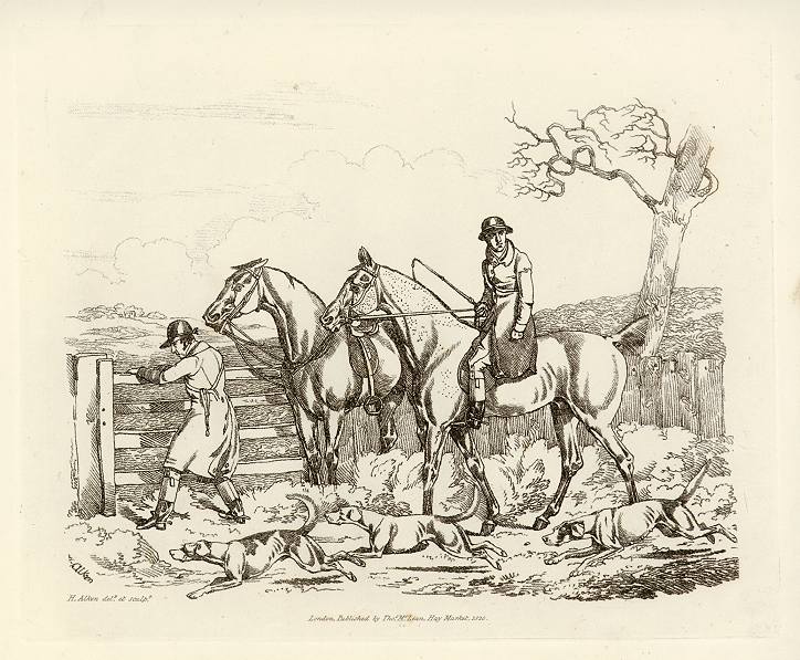 Huntsmen & dogs at a gate, Alkens Scrapbook, 1821