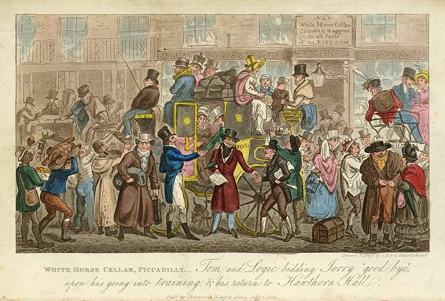 Jerry leaving London from White Horse Cellar, Piccadilly, Cruickshank, 1830
