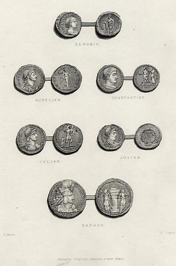 Romans and Persian coins, steel engraving, 1850