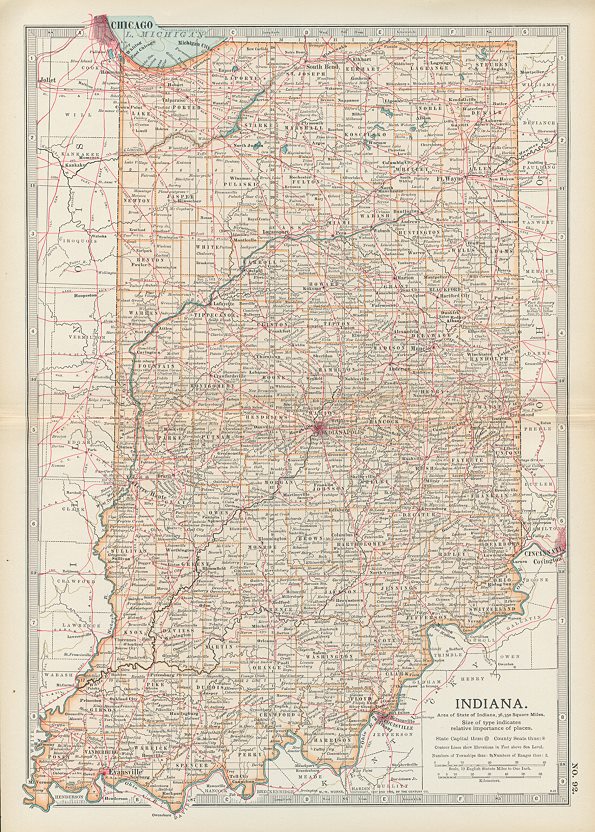 USA, Indiana map, 1897
