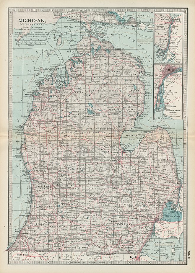 USA, Michigan map (southern part), 1897