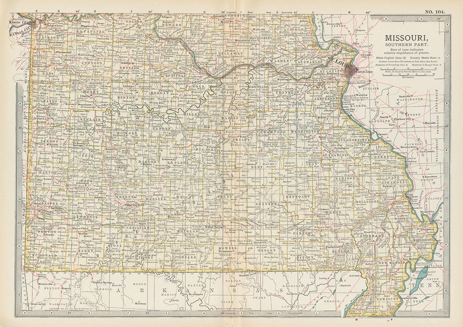 USA, Missouri map (southern part), 1897
