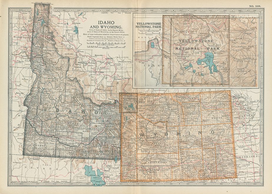 USA, Idaho & Wyoming map, with Yellowstone national Park, 1897