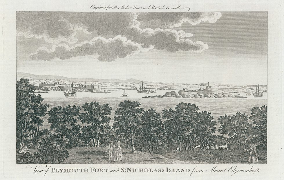 Devon, Plymouth Fort & St.Nicholas Island from Mount Edgecumbe, 1779