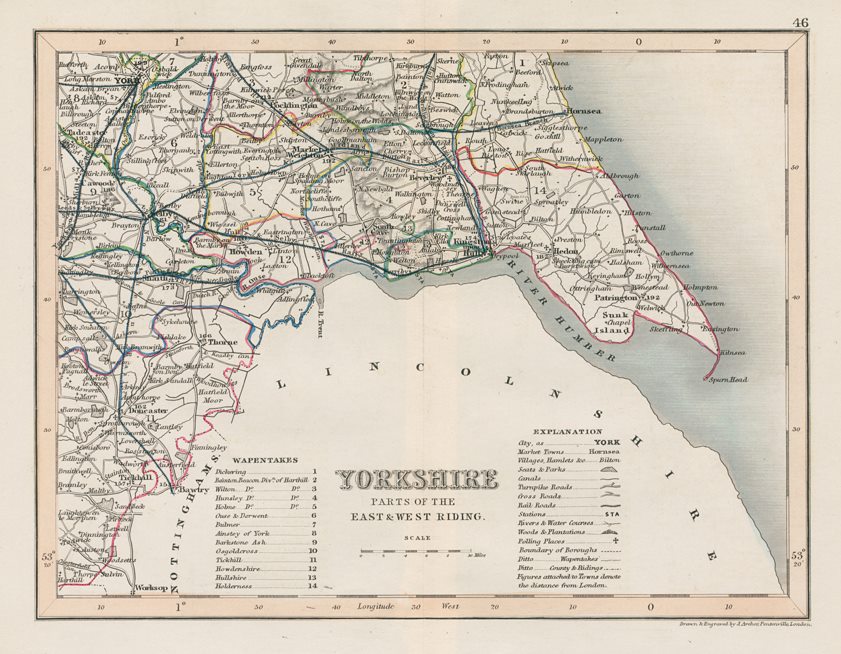 Yorkshire, part of East & West Ridings map, 1848