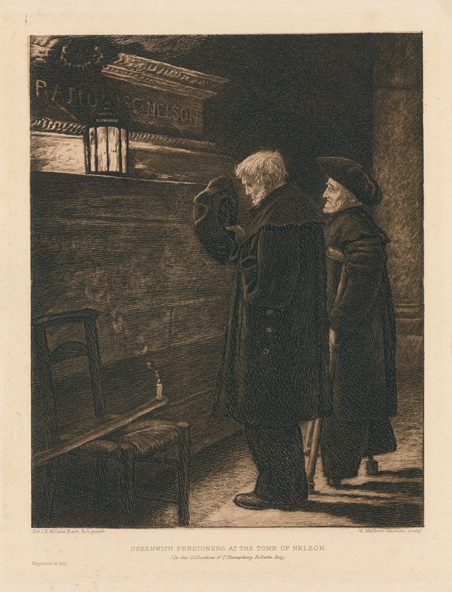 Greenwich Pensioners at the Tomb of Nelson, etching by Macbeth-Reaburn, 1896