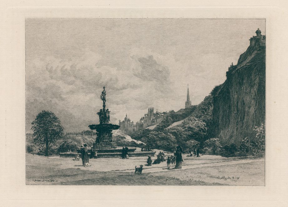 Edinburgh, Prince's Street Gardens, etching by Brunet-Debaines, 1878