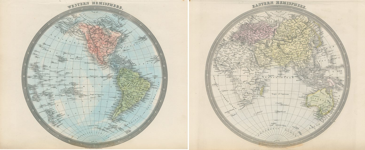 World map in hemispheres (two sheets), 1843