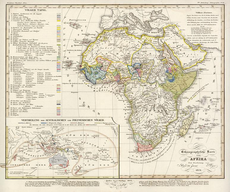 Africa and Pacific, ethnographic map, 1855