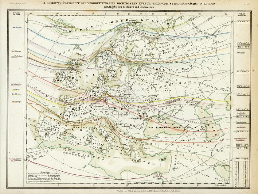 Europe, Distribution of Trees and Bushes, 1852