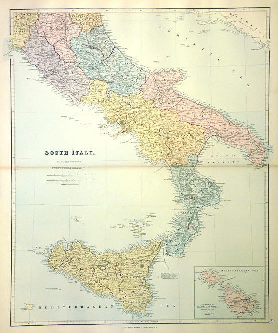 South Italy & Malta, large map, 1887