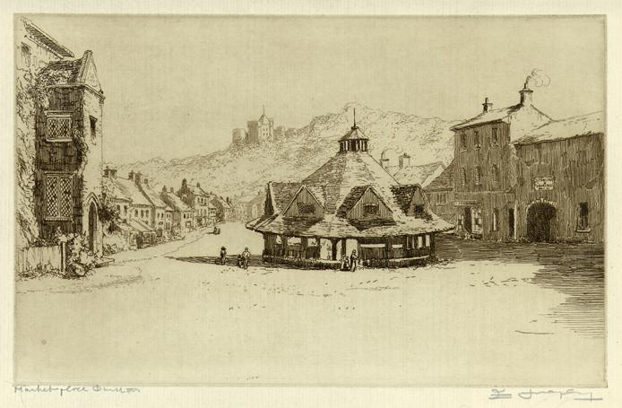 Somerset, Dunster Market Place, etching, 1920