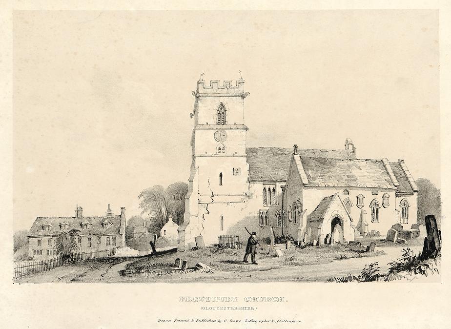 Cheltenham, Prestbury Church, George Rowe lithograph, 1840