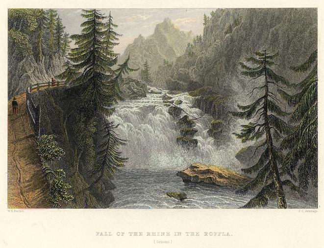 Switzerland, Fall of the Rhine in the Roffla (Grisons), 1836