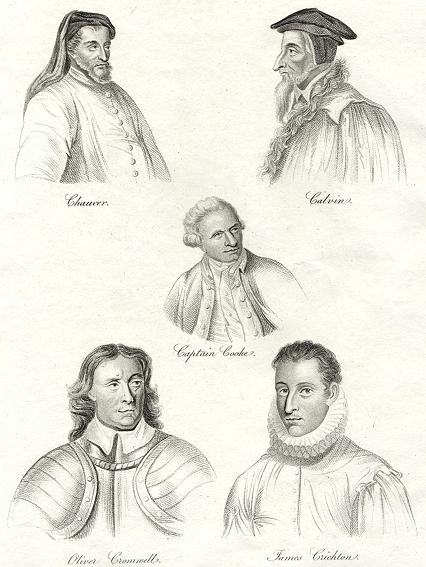 Portraits - Captain Cook, Chaucer, Calvin, Cromwell & Crichton, 1811