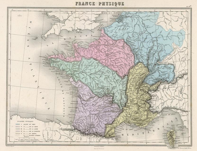 France - Physical with River Basins, 1883