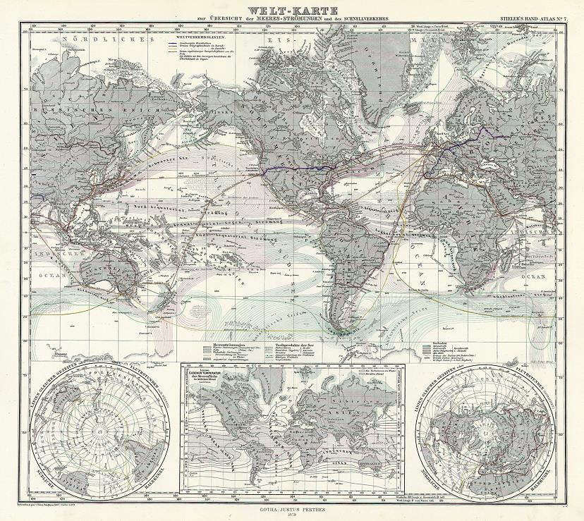 World Map with sea currents and transportation routes by land & sea, 1879