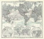 World Map with sea currents and transportation routes by land & sea, 1879