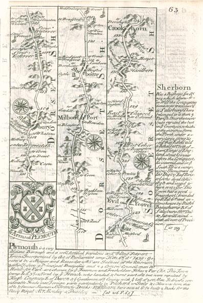 Dorset / Somerset, route map with Shaftsbury, Sherborne, Yeovil & Crookhorn, by Owen / Bowen, 1764